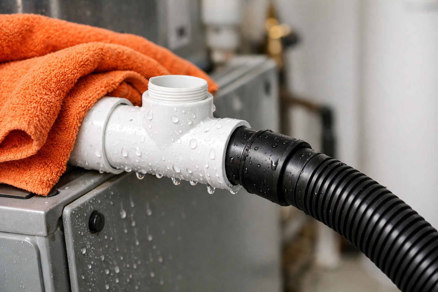 PVC condensate drain line access port on a home air conditioning unit with a shop vacuum hose attached and an orange towel draped nearby