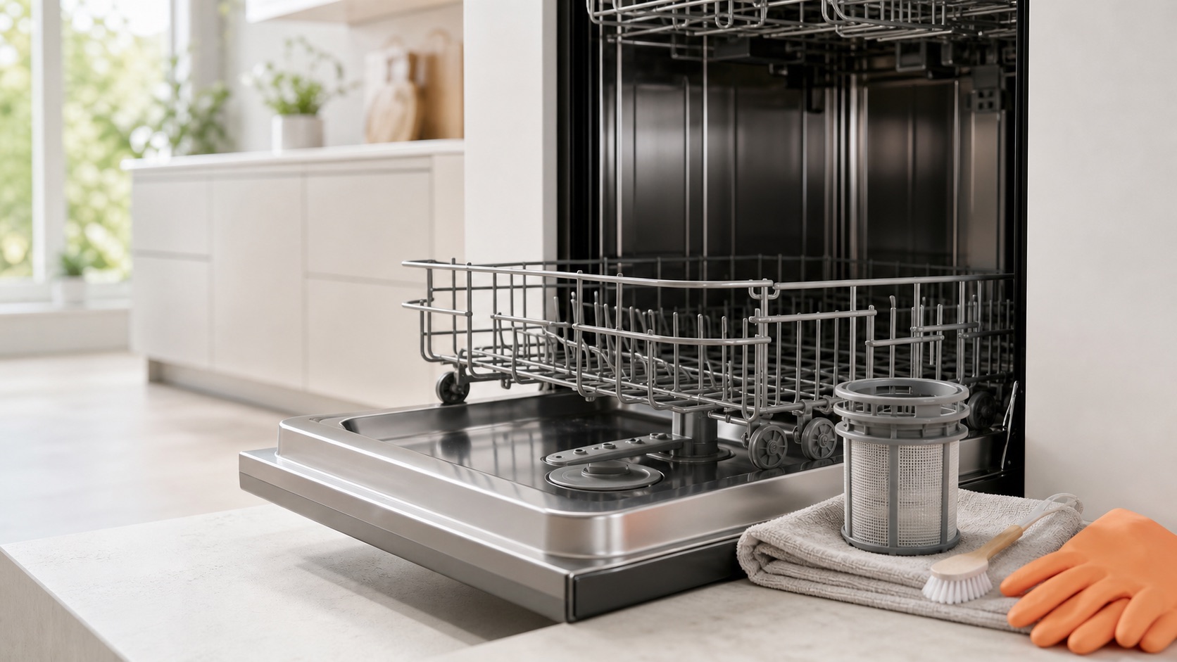 Clean open dishwasher with filter removed beside a soft brush, towel, and orange cleaning gloves