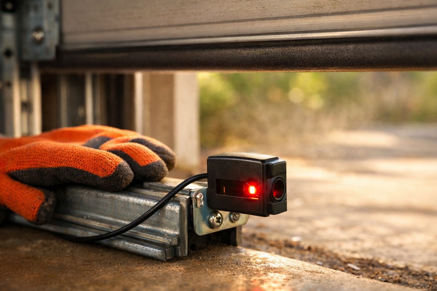 Gloved hand adjusting a photoelectric safety sensor on a garage door track with an orange-handled screwdriver in summer sunlight