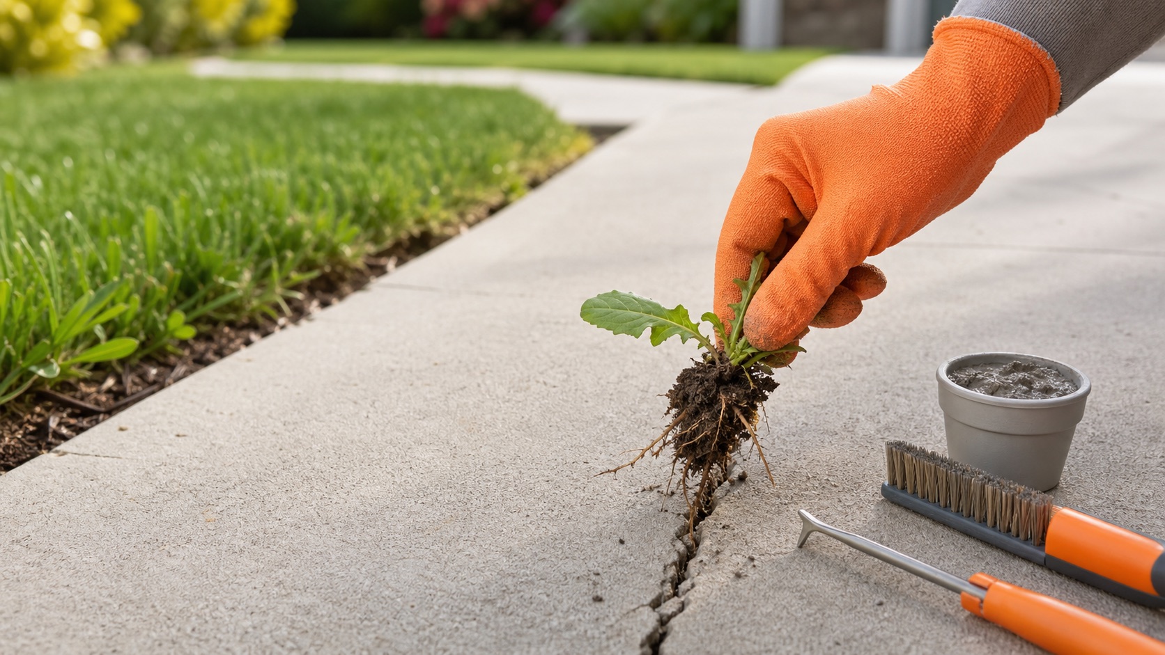 Gloved hand pulling a weed and its roots from a clean concrete driveway crack beside an orange-handled weeding tool